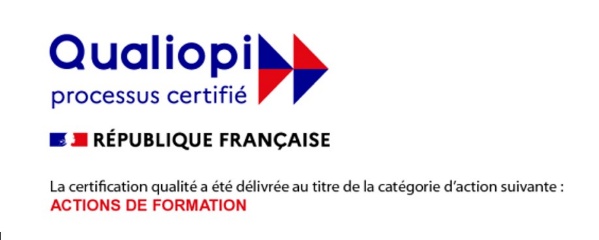 Logo avec le texte « Qualiopi processus certifié », drapeau français, « RÉPUBLIQUE FRANÇAISE » et une note sur la certification qualité des actions de formation. Logo avec le texte « Qualiopi processus certifié », drapeau français, « RÉPUBLIQUE FRANÇAISE » et une note sur la certification qualité des actions de formation.